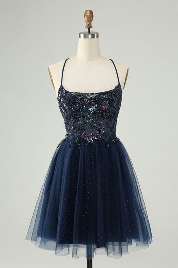 Vestido de cóctel de tul con lentejuelas azul marino brillante